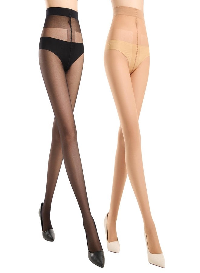 MANZI 2 Pairs Sheer Tights for Women T-Crotch Ultra Thin 20D Reinforced Pantyhose High Waist Stockings， Natural and Black L-XL - Image 1